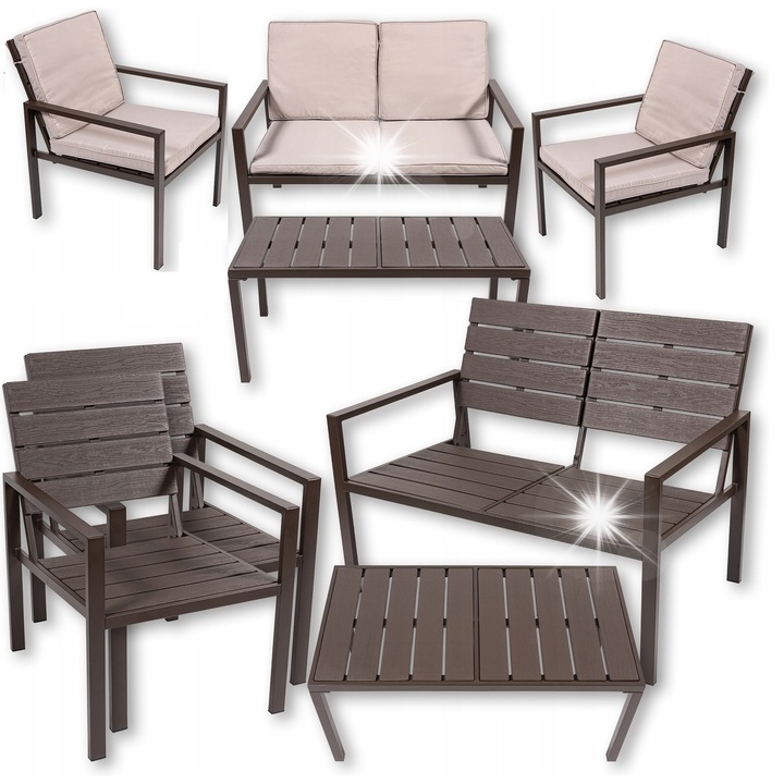 Комплект градински мебели Heckermann, 2 стола, маса, диван, възглавници, 2 водоустойчиви покривала, метал, имитация на дърво