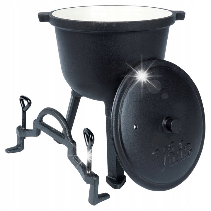 Kociolek din fonta cu capac, 4L, 25x24,5x42cm, negru, ideal pentru gratar si camping