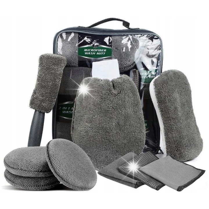 Set de curatare auto, 9 piese, bureti, manusi, perii, microfibra