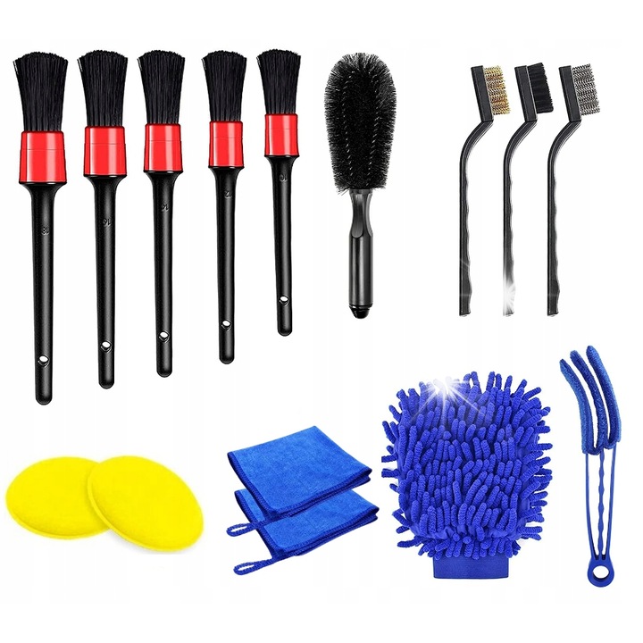 Set de Detailing 15 piese pentru curatarea masinii, accesorii de curatare, diverse perii, carpe din microfibra, manusi