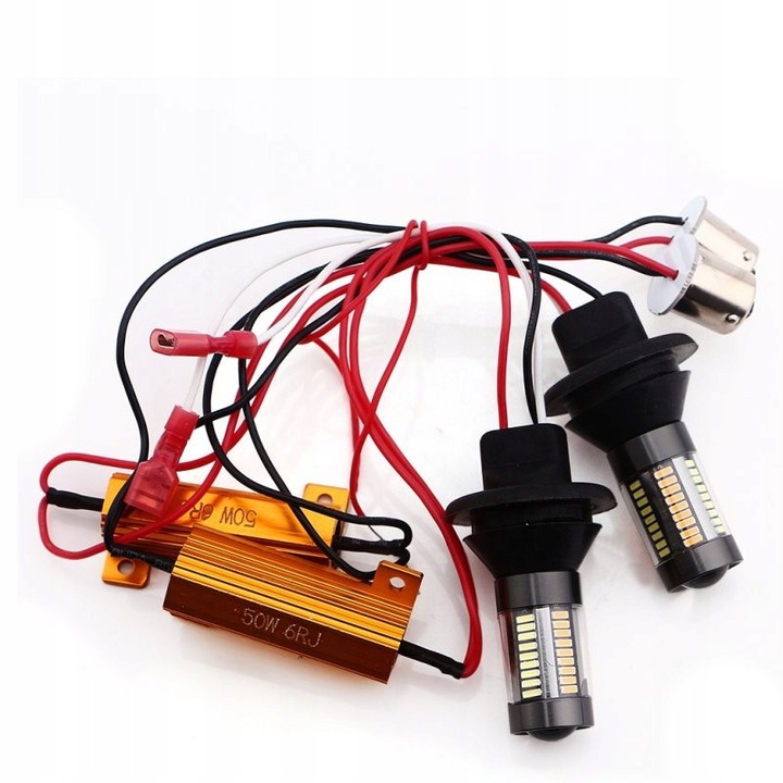 Set lumini LED DRL 2w1 12V cu semnalizatoare BAU15S/PY21W si modul automat, alb si portocaliu, dimensiuni 67x36mm