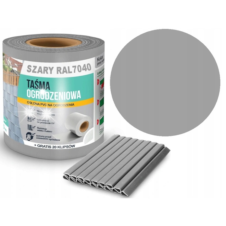 Banda de gard Linarem, 19cmx35m, gri RAL 7040, rezistenta la UV, set cu 20 clipsuri montaj