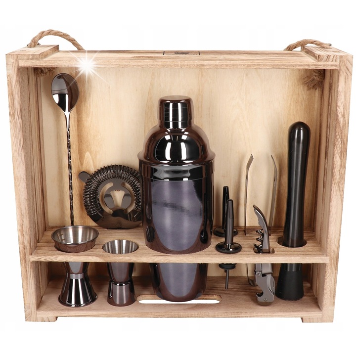 Set barman 11 piese, accesorii negre, cutie din lemn