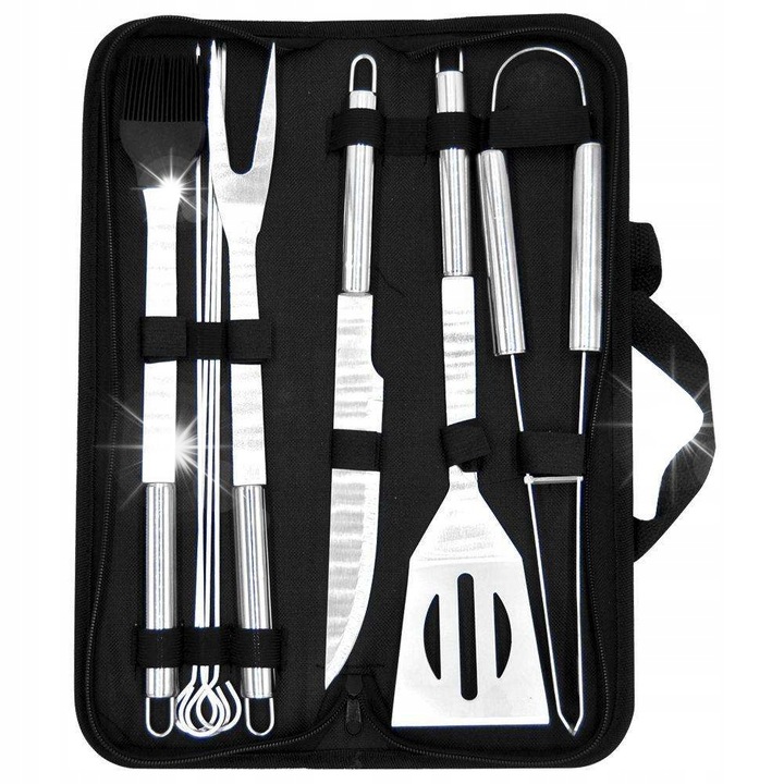 Set ustensile gratar 9 elemente, inox, negru-silver, cu etui