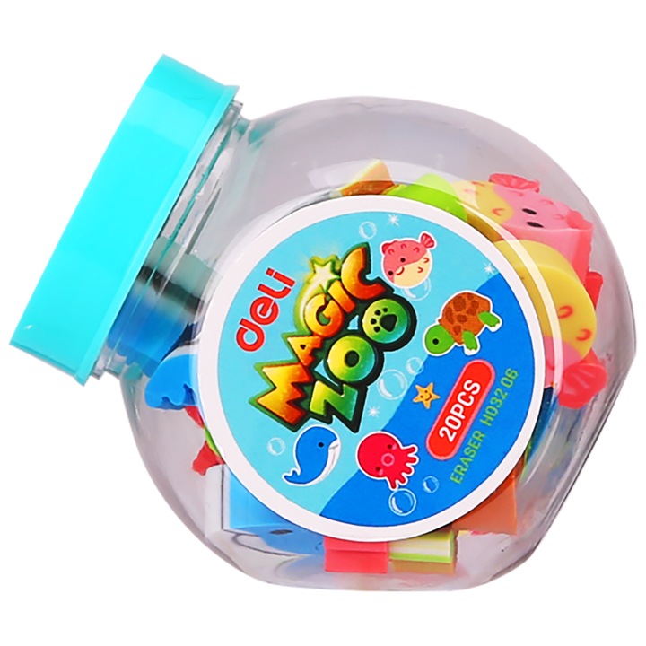 Set radiere Deli 20 buc animalute, ambalate in borcan de plastic