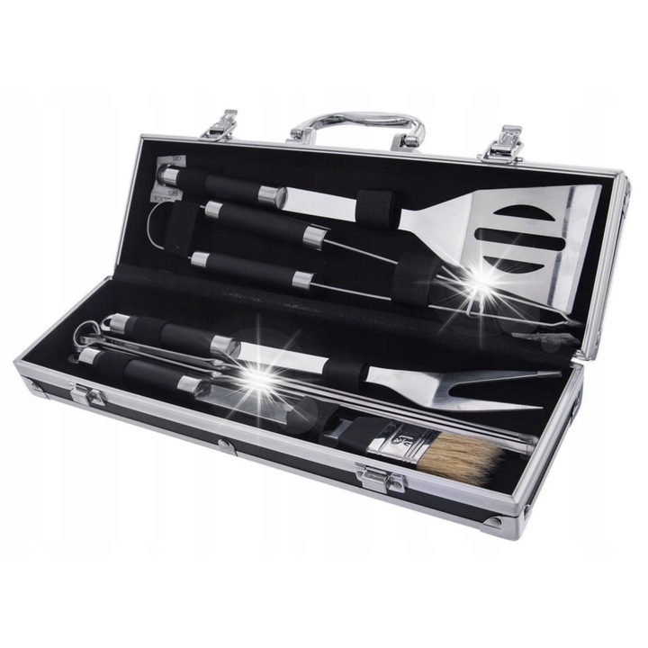 Set ustensile gratar 8 piese cu valiza, inox, 34,5cm, 32cm, 25cm