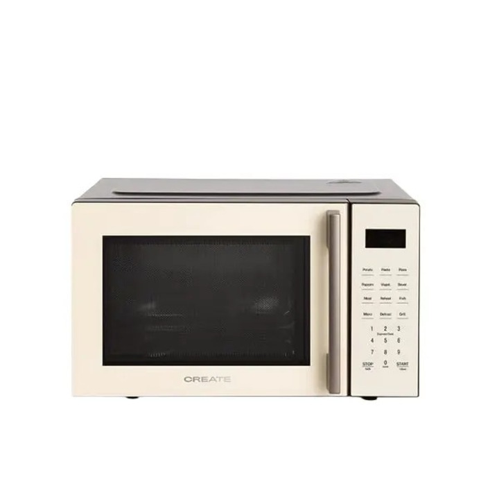 Cuptor cu microunde CREATE, Studio, 23 litri, 10 trepte putere, 8 programe automate, functie grill, trei programe grill, timer integrat, panou de control tactil, functie Quick 30 s, ideal pentru incalzire, design modern, maner ergonomic, 800/1000 W, crem