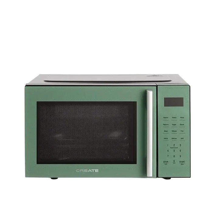 Cuptor cu microunde CREATE, Studio, 23 litri, 10 trepte putere, 8 programe automate, functie grill, trei programe grill, timer integrat, panou de control tactil, functie Quick 30 s, ideal pentru incalzire, design modern, maner ergonomic, 800/1000 W, sage
