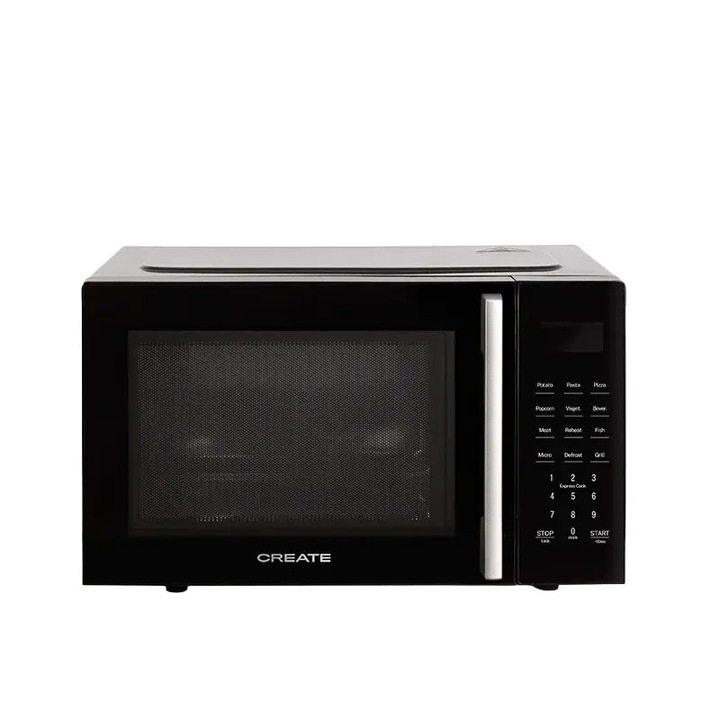 Cuptor cu microunde CREATE, Studio, 23 litri, 10 trepte putere, 8 programe automate, functie grill, trei programe grill, timer integrat, panou de control tactil, functie Quick 30 s, ideal pentru incalzire, design modern, maner ergonomic, 800/1000 W, negru