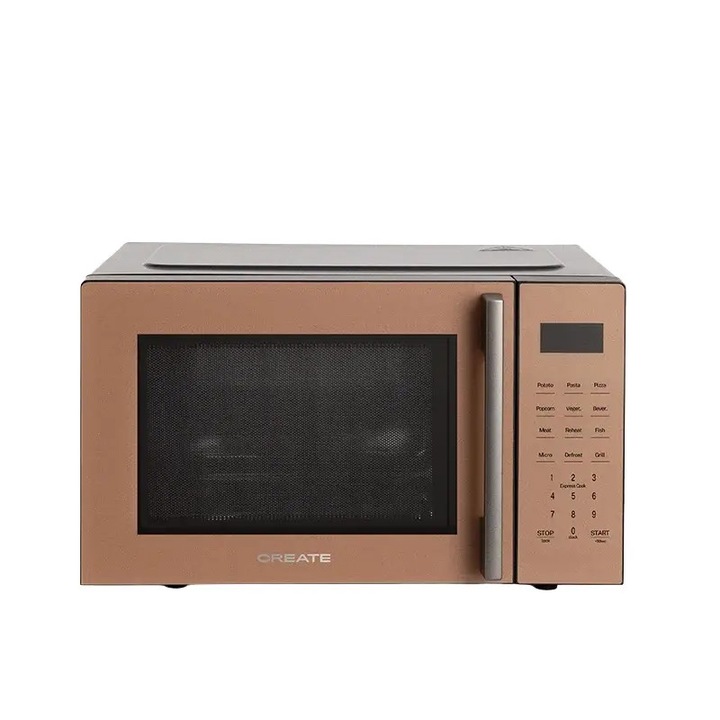 Cuptor cu microunde CREATE, Studio, 23 litri, 10 trepte putere, 8 programe automate, functie grill, trei programe grill, timer integrat, panou de control tactil, functie Quick 30 s, ideal pentru incalzire, design modern, maner ergonomic, 800/1000 W, mocha