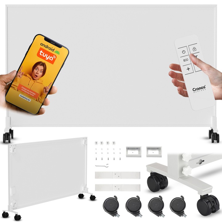 Panel grzewczy IR Cronos Carbon 800W, termostat WiFi, alb, 100x60cm, set cu picioare si telecomanda