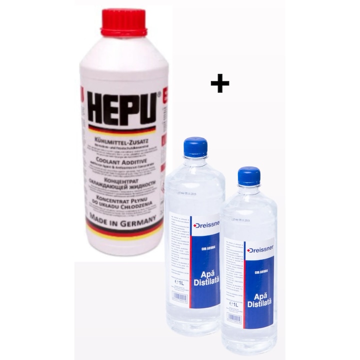 Pachet Antigel concentrat Hepu G12, Rosu, 1.5L si Apa distilata Dreissner, 2L