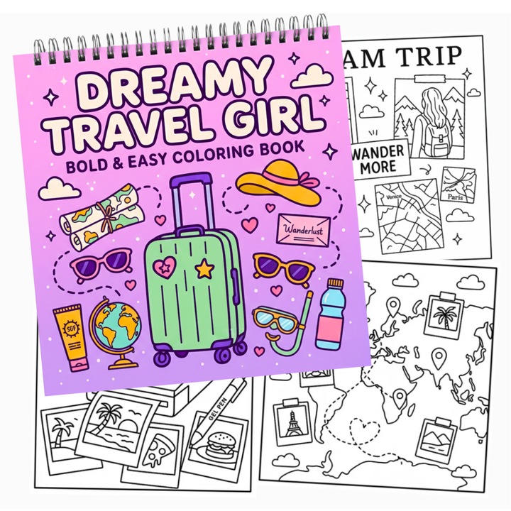 Carte de Colorat cu Pagini Groase OBRO® – Dreamy Travel Girl, Stil Whimsical Coco Wyo, Antistres pentru Adulti