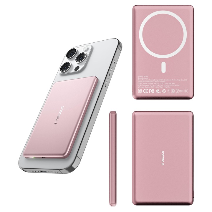 Безжична външна батерия Decqle, 5000 mAh, розова, компактна, ултратънък дизайн