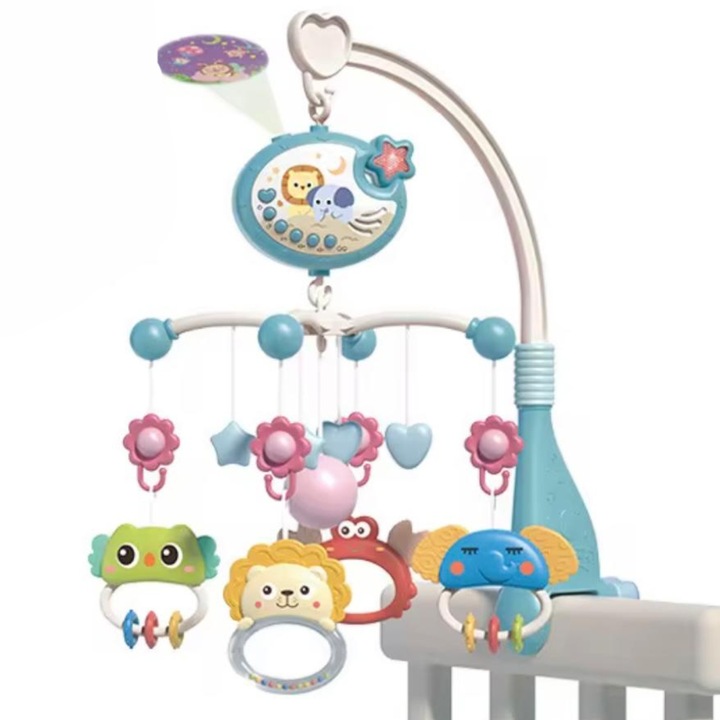 Zenélő körforgó kiságyra, Denn, vetítéssel és távirányítóval, 4 levehető játékkal, kék-türkiz, 0+ hónap