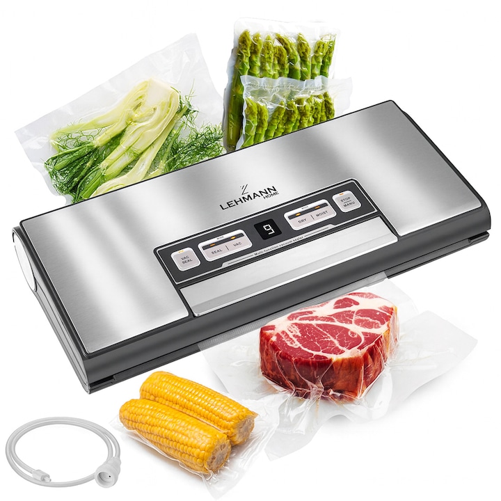 Aparat de vidat si sigilat alimente Lehmann Fusion, 130W, 30 cm, 60 kPa, temperatura de sigilare 105°C, 5 programe, afisaj, timer, mecanism de presare, silentios, cu cutit si picioruse antiderapante, 36x17.5x8.5 cm, negru/argintiu