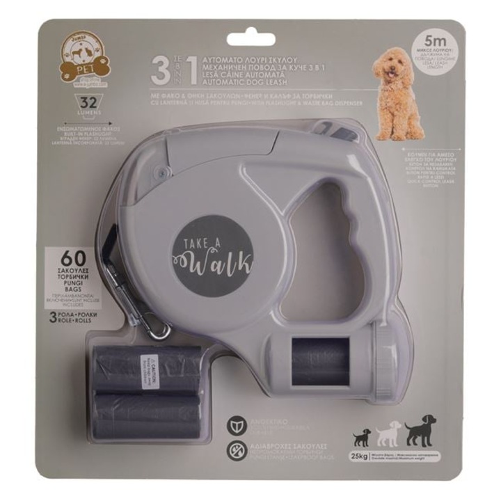 Lesa Automata 5 m cu Lanterna LED si Dispenser Pungi – Ideala pentru Plimbari Nocturne