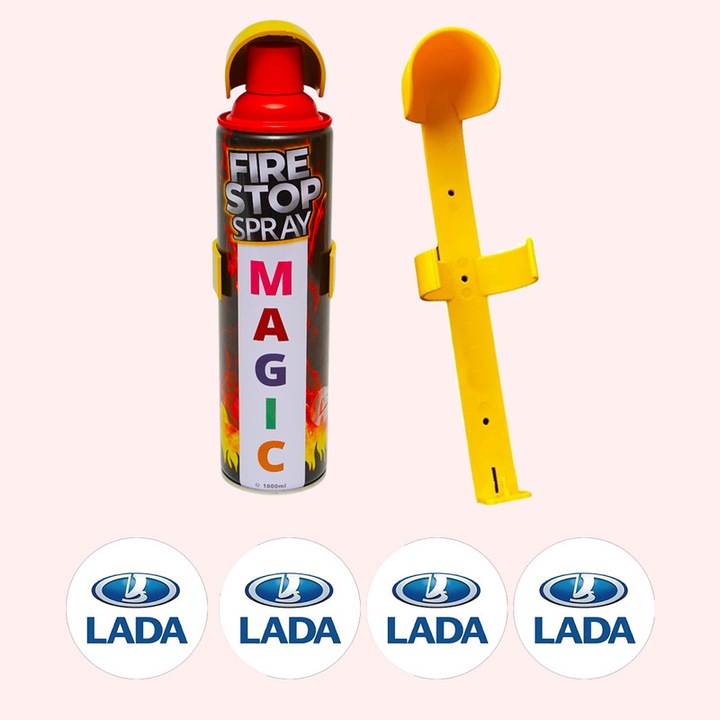 Stingator extinctor spray cu suport de prindere, Auto, Birou, Locuinte, Spatii Comerciale, Magic, capacitate 1000 ml, 4 Stickere auto cu Lada