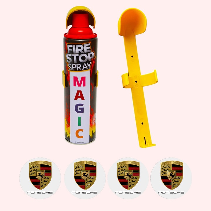 Stingator extinctor spray cu suport de prindere, Auto, Birou, Locuinte, Spatii Comerciale, Magic, capacitate 1000 ml, 4 Stickere auto cu Porsche