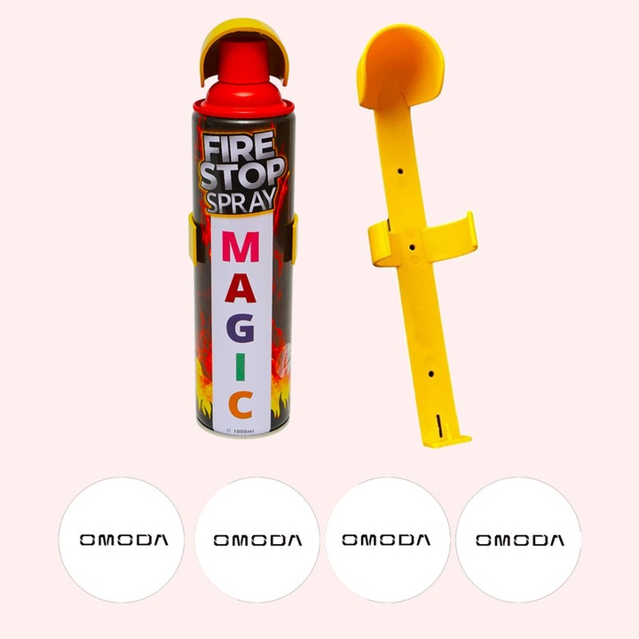 Stingator extinctor spray cu suport de prindere, Auto, Birou, Locuinte, Spatii Comerciale, Magic, capacitate 1000 ml, 4 Stickere auto cu Omoda