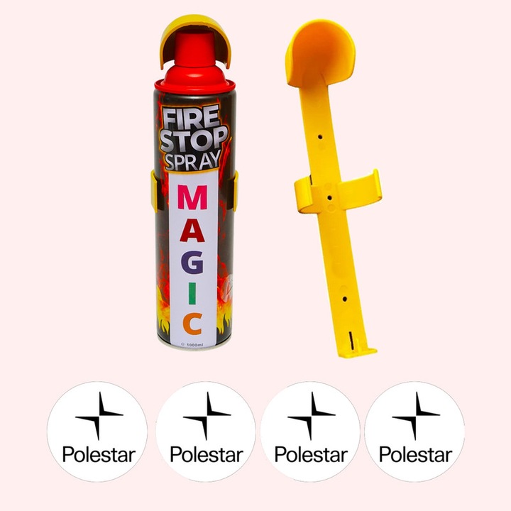 Stingator extinctor spray cu suport de prindere, Auto, Birou, Locuinte, Spatii Comerciale, Magic, capacitate 1000 ml, 4 Stickere auto cu Polestar