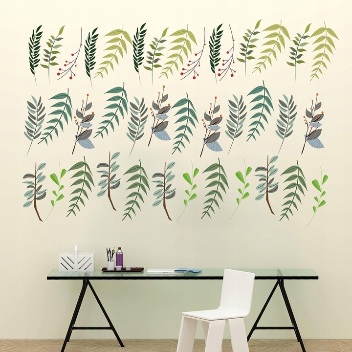 Sticker perete AnFigure, design copac rustic cu frunze verzi, plante naturale decorative, dimensiune 86 x 59 cm, vinil impermeabil, culoare Verde