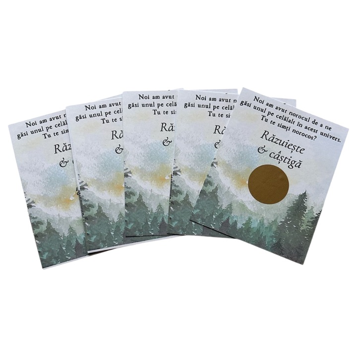 Set 60 marturii nunta loz razuibil tematica Forest, dimensiuni 10x7cm, include cartonase pentru distractie