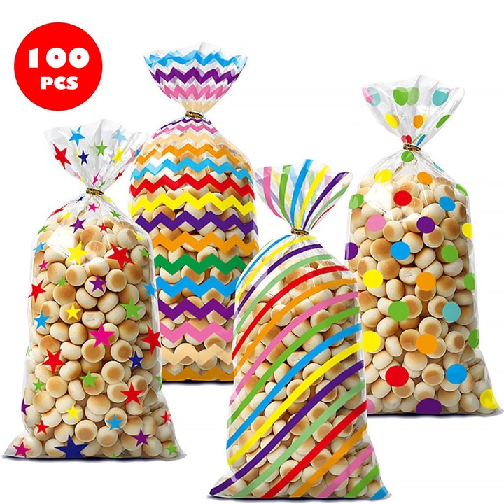 Pungi celofan pentru cadouri, asskanaer, Set 100 pungi alimentare, Cu panglica aurie, Mix de modele festive, Pungi celofan pentru acadele, Biscuitilor, Pentru craciun, Petrecere de aniversare pentru copii si alte ocazii, OPP, 27x12.5cm, Multicolor