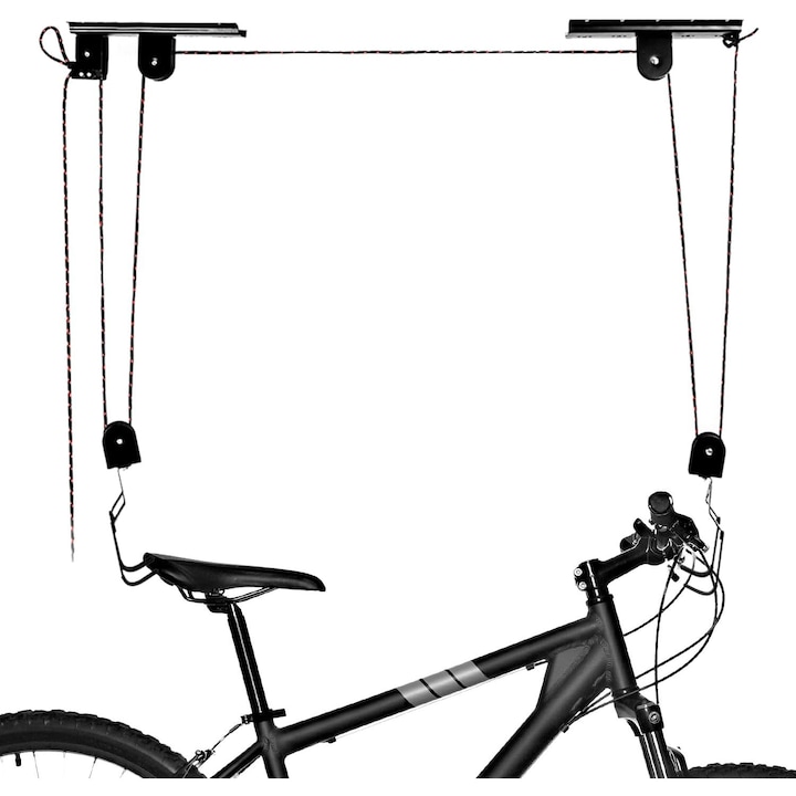 Стойка за велосипед, Висяща стойка за съхранение на велосипед, макара, закрепване към таван, двойни куки, стоманен материал, максимум 60 кг, Асансьор за велосипеди, таванен асансьор за велосипеди, асансьор за велосипеди с макара, черен