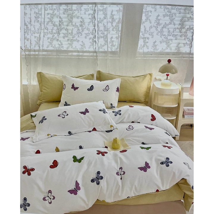 Set Lenjerie de pat dublu, East Comfort, Bumbac, Crem Galben Fluturi, 6 Piese, 230x250cm, 200x230cm, 70x70cm, 55x80cm