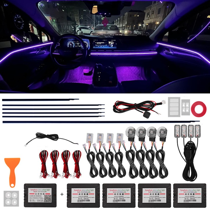 Lumina Ambientala Auto Kit Interior IDAMAKON18 in 1 LED RGB Multifunctional Conexiune Bluetooth Control din Aplicatie Efecte Dinamice Benzi Acrilic Instalare Pe Usi Bord Manere Podea Multicolor