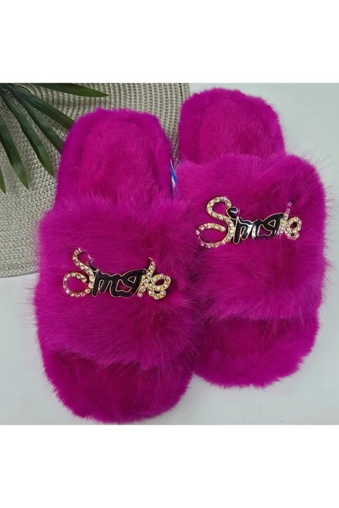 Papuci de casă femei, AND, cu blăniță artificială, talpă groasă, roz, 36-37 EU