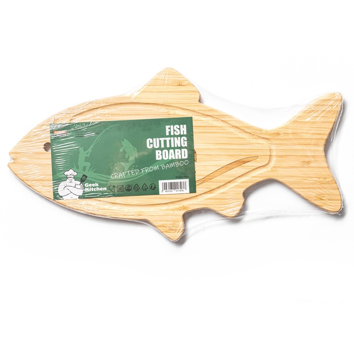 Tocator din bambus în formă de pește, GadgetMaster, ecologic, gravură pescărească, 36x18.5x1.2cm