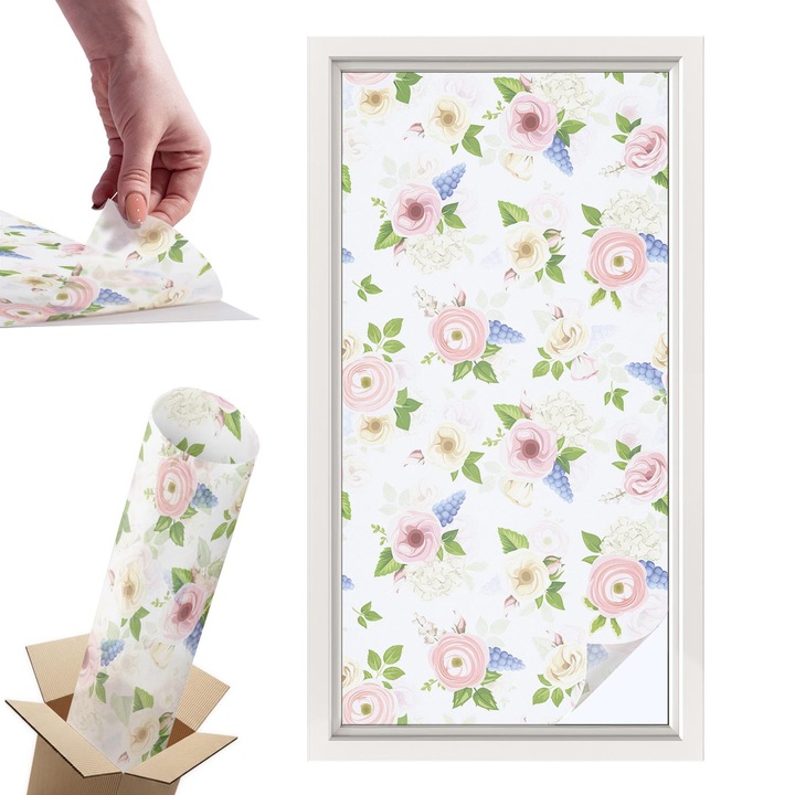 Folie Autoadeziva pentru Protectie Solara si Intimitate pentru Geam si Fereastra, Wallfluent, Model floral, Alb, 50x100 cm, Blocare Solara, Autoadeziva Decorativ, 010450850010000012094