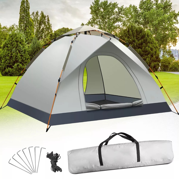 Cort camping 1-4 Persoane, Bedee, Automat Pop up cort, 2 intrari, impermeabil, Material poliester 210T, Tesatura de cort dublu strat detasabila, Tija din aluminiu, 200x200x140cm, Bej
