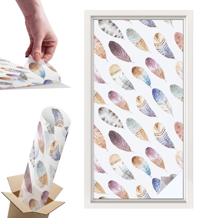 Folie Autoadeziva pentru Protectie Solara si Intimitate pentru Geam si Fereastra, Wallfluent, Pene boho, Maro, 50x100 cm, Blocare Solara, Autoadeziva Decorativ, 010450850010000288794