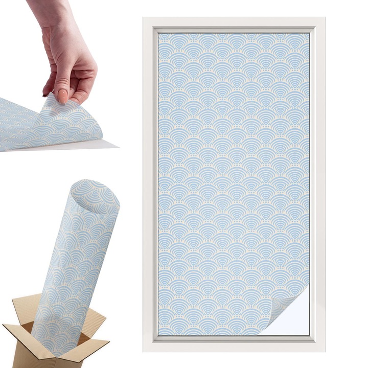 Ablakfólia, Wallfluent, Japán hullámok, Kék, 50x100 cm, Dekoratív, Zuhanyzóhoz, Ajtókhoz és Ablakokhoz, Intimvédelem és UV-védelem, 010450850010000288825
