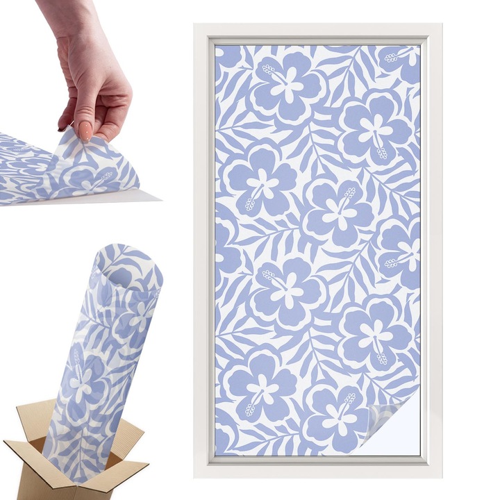 Декоративно фолио за прозорци, Wallfluent, Цветя от хибискус, Светлосин, 50 x 100 cm, с ефект на витраж, PVC, 010450850010000288843
