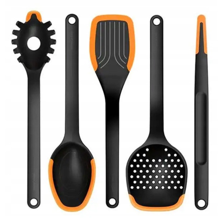 Set 5 ustensile bucătărie Fiskars, plastic/silicon, negru/portocaliu