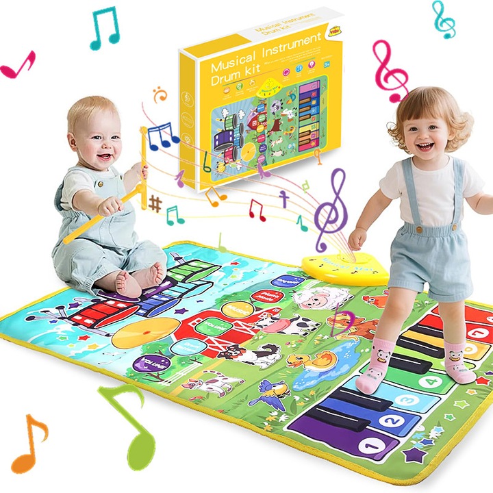 Covoras muzical 3 in 1 interactiv copii, 9-18 luni, 80x50cm, 25 Melodii, 8 Animalute, 8 Instrumente muzicale, cu 2 bete, Multifunctionala Centru activitati pentru bebelusi, jucarii muzicale pentru copii mici claviatura de pian