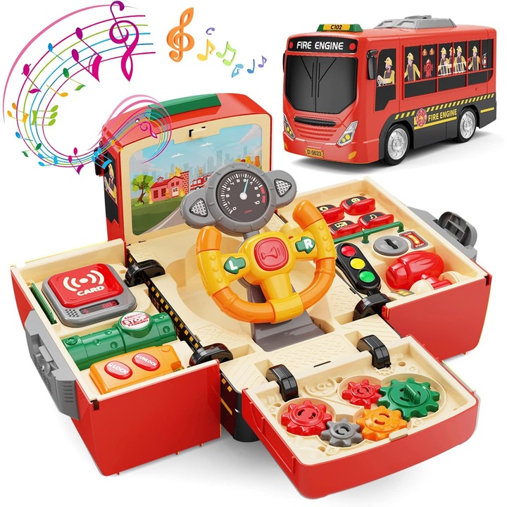 Jucarie interactiva autobuz multifunctional, Wacorresi, 2 in 1, cu sunete si lumini, Cheile masinii, simulare a directiei de mers, stimuleaza imaginatia, creativitatea si educatie muzicala, Pentru copii +3 ani, Rosu
