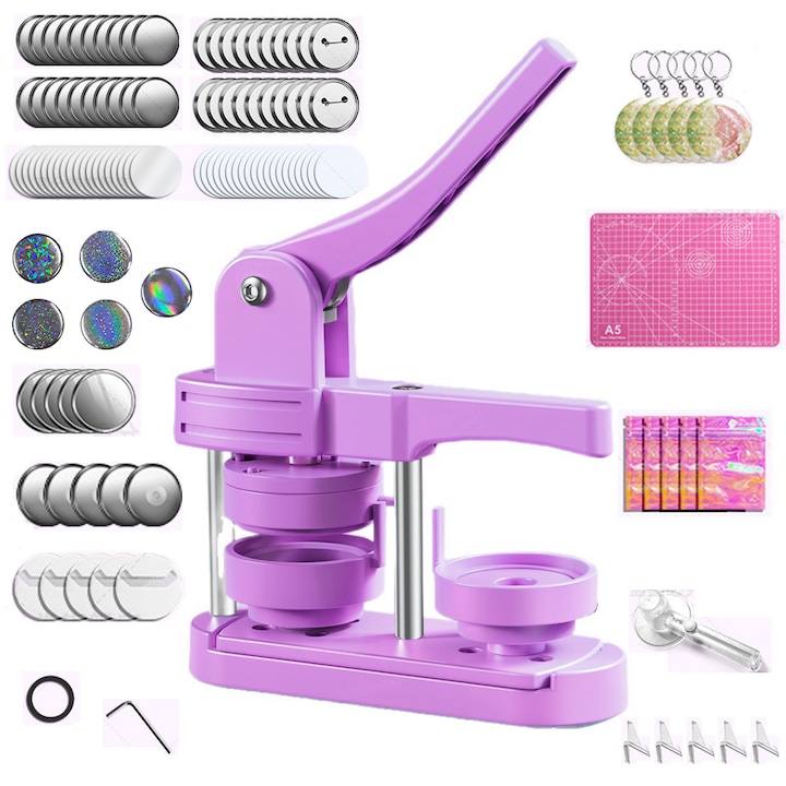 Set Masina de Facut Insigne 58mm IDAMAKON Complet 284 Bucati Poate fi Facut 50 Insigne 5 Oglinda de Machiaj 5 Breloc 5 Magnet Pentru Frigider Include 5 Suport si 5 Geanta de Depozitare Violet