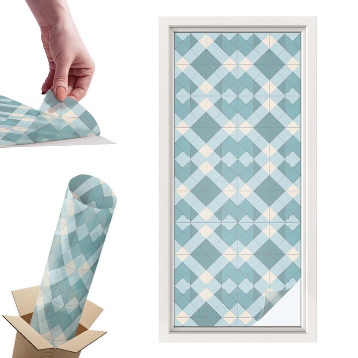 Декоративно фолио за прозорци, Wallfluent, Геометрични шарки, Тюркоаз, 50 x 116 cm, с ефект на витраж, Подходящо За Кухня, Баня, Офис, 010450850040000282971
