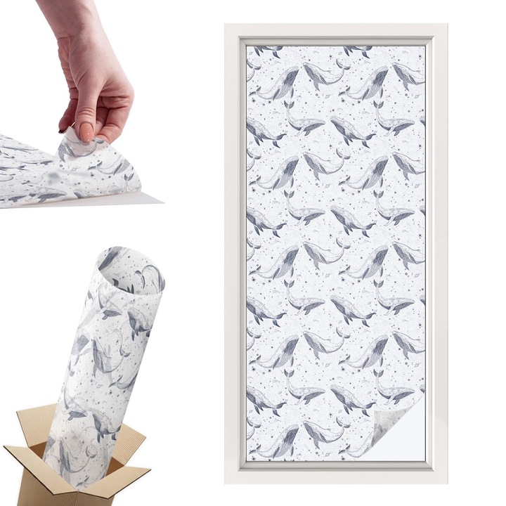 Декоративно фолио за стъкла и прозорци, Wallfluent, Морски създания, Бяло, 50 x 116 cm, с ефект на витраж, PVC Декоративно Покритие, 010450850040000282862