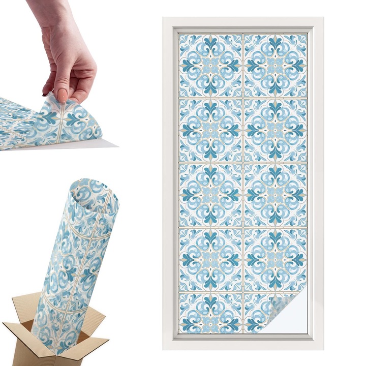 Декоративно фолио за прозорци, Wallfluent, Флорални плочки, Тюркоаз, 50 x 116 cm, с ефект на витраж, Подходящо За Кухня, Баня, Офис, 010450850040000276775