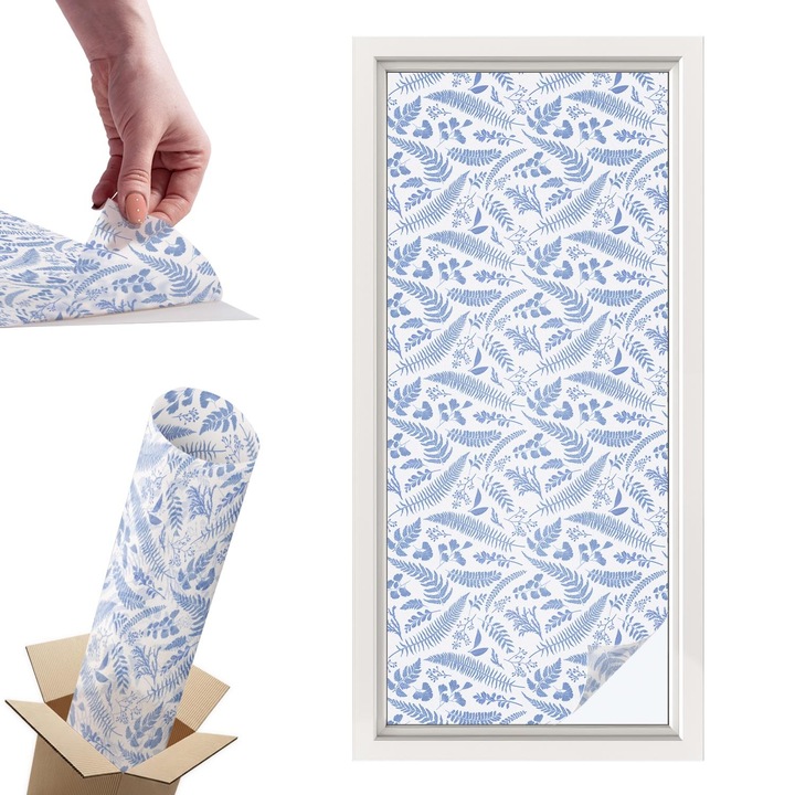 Самозалепващо декоративно фолио, Wallfluent, Листа от папрат, Светлосин, 50 x 116 cm, с ефект на витраж, PVC, 010450850040000012658