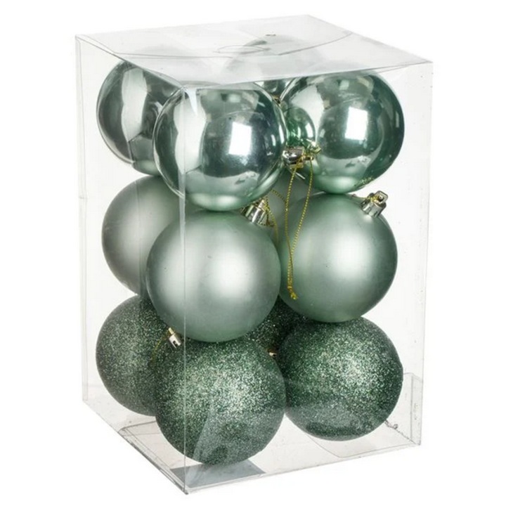 Set Globuri de Craciun AB HOMES Verde Menta, Mate si Lucioase cu Glitter, 8cm, 12 Bucati