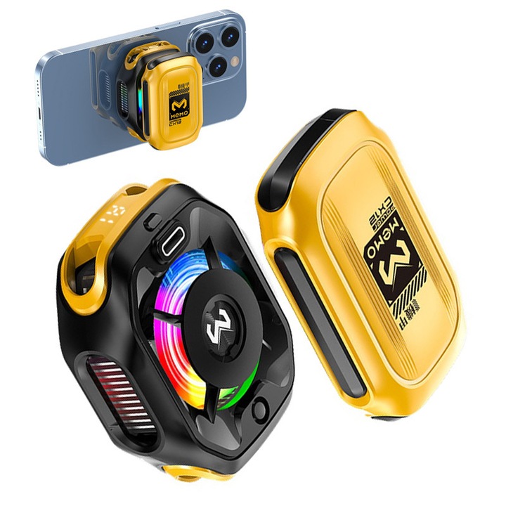 Cooler Magnetic Telefon AjieQaQ® cu AI – Racire Instant, Iluminare RGB, Pentru Gaming si Supraincalzire, Cooler Telefon Gaming Wireless, Compatibil Universal, Magnetic, Racire Instanta cu Semiconductor, Display Digital, Baterie 2000 mAh, Negru/Galben