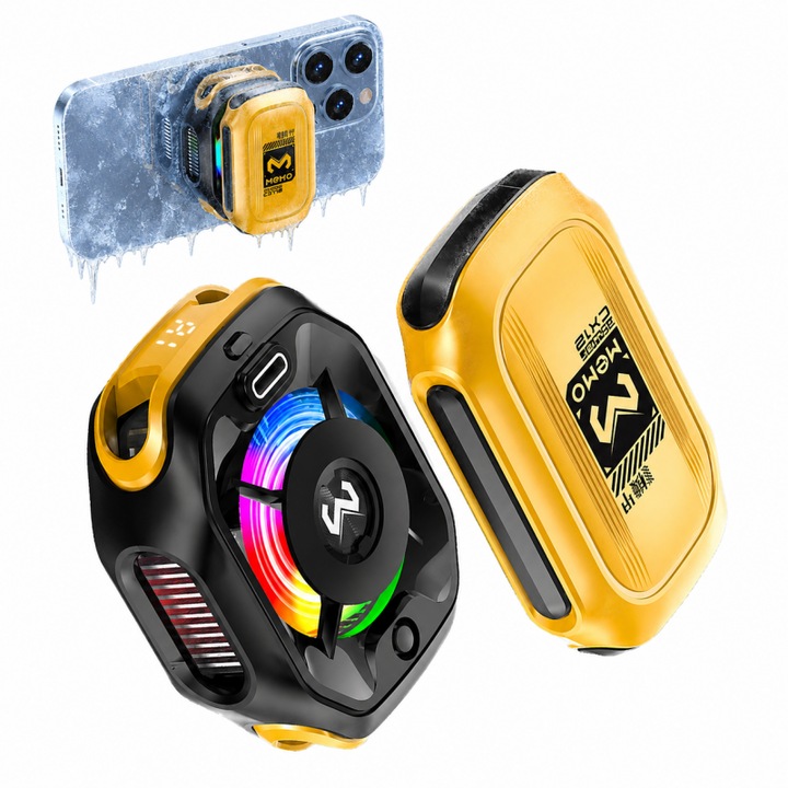 Cooler Magnetic Telefon AjieQaQ® cu AI – Racire Instant, Iluminare RGB, Pentru Gaming si Supraincalzire, Cooler Telefon Gaming Wireless, Compatibil Universal, Magnetic, Racire Instanta cu Semiconductor, Display Digital, Baterie 2000 mAh, Negru/Galben