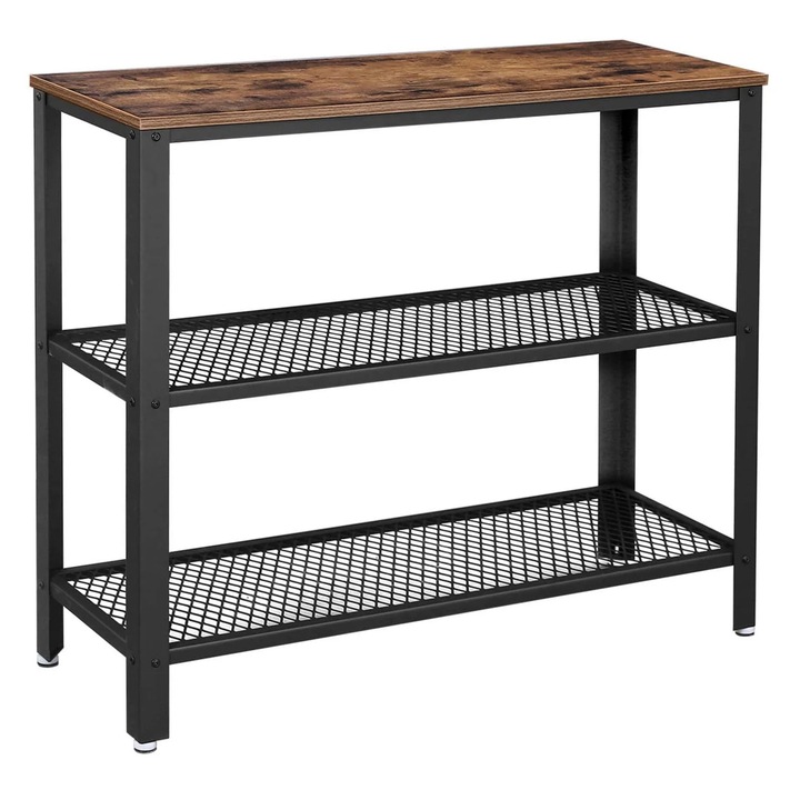 Входна маса, метална рамка с 3 рафта от MDF, 35x102x80см, рустикално кафяво и черно